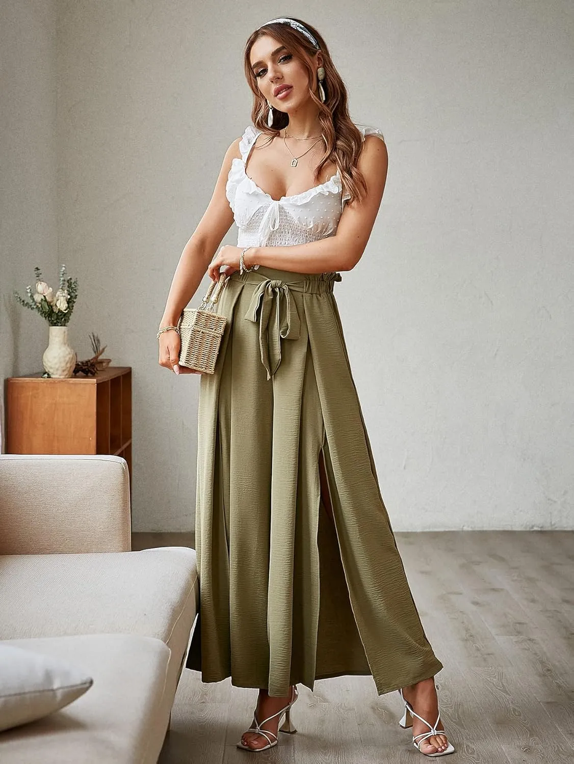 BerryGo Women's Boho Linen Flowy High Waisted Pants Elegant Split Stripe Wide Leg Pants