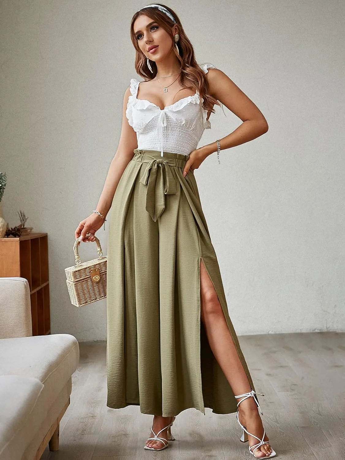 BerryGo Women's Boho Linen Flowy High Waisted Pants Elegant Split Stripe Wide Leg Pants