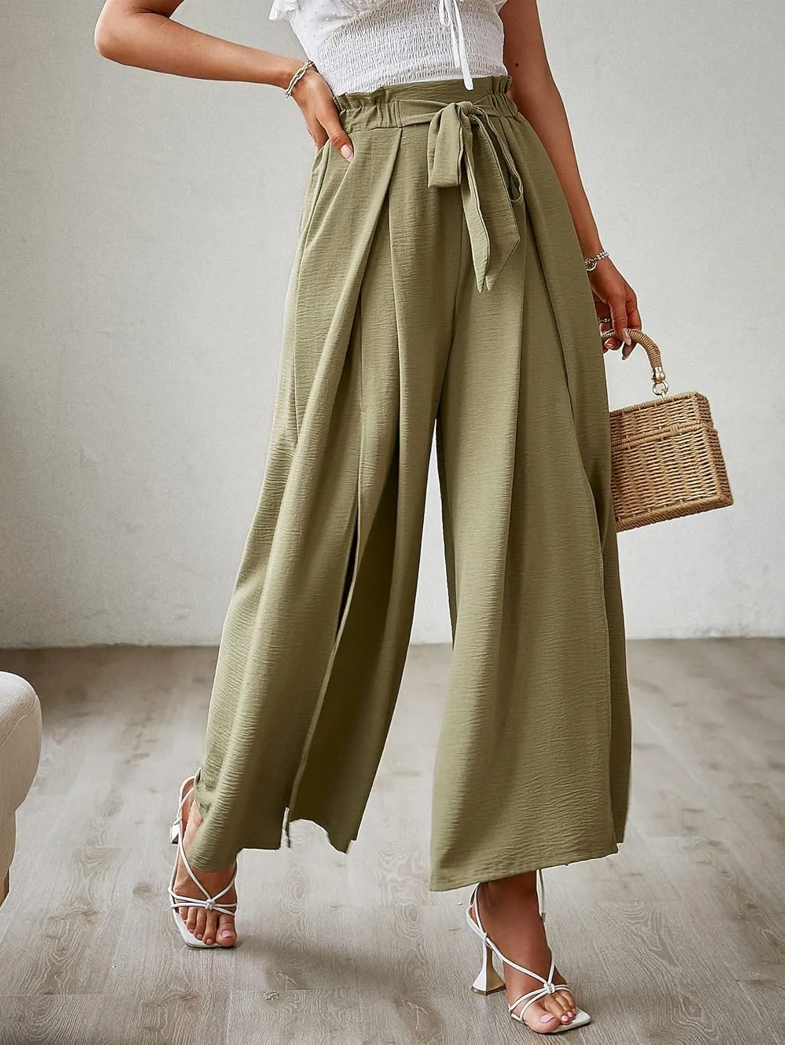 BerryGo Women's Boho Linen Flowy High Waisted Pants Elegant Split Stripe Wide Leg Pants