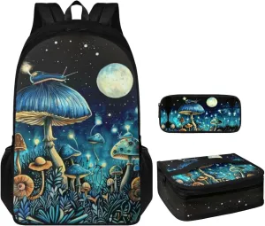 Blue Mushroom Small Backpack for Girls Moon Little Girls Backpack 3-in-1 Bookbag Set Travel Backpack Kids Insulated Lunch Box Pencil Case Comfortable and Safe