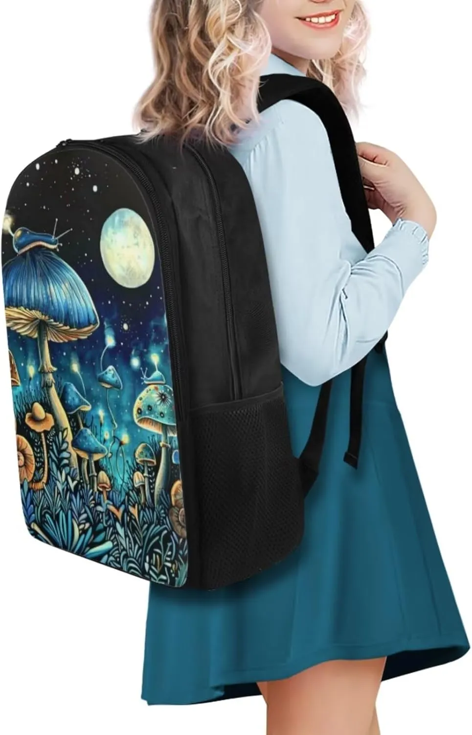 Blue Mushroom Small Backpack for Girls Moon Little Girls Backpack 3-in-1 Bookbag Set Travel Backpack Kids Insulated Lunch Box Pencil Case Comfortable and Safe