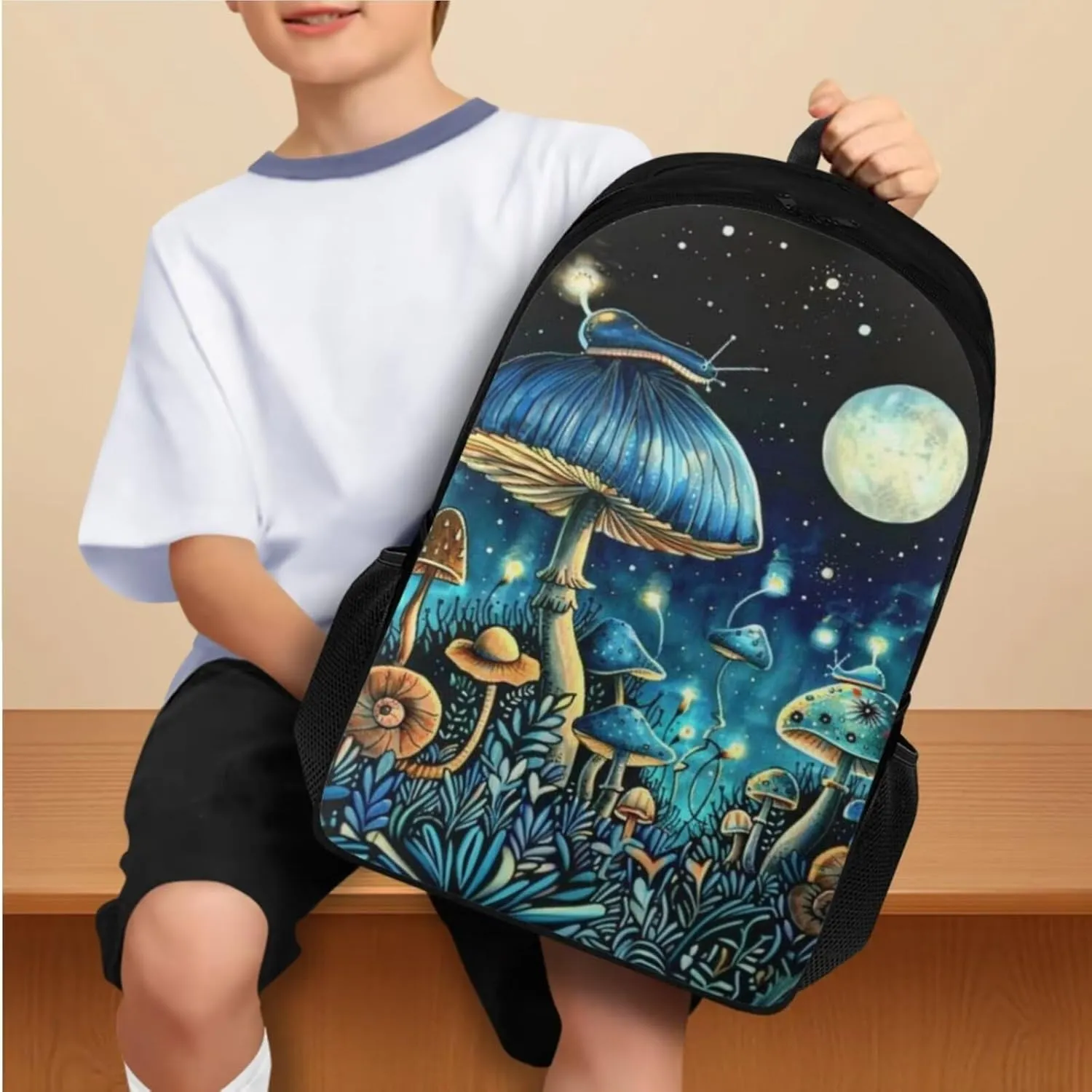 Blue Mushroom Small Backpack for Girls Moon Little Girls Backpack 3-in-1 Bookbag Set Travel Backpack Kids Insulated Lunch Box Pencil Case Comfortable and Safe