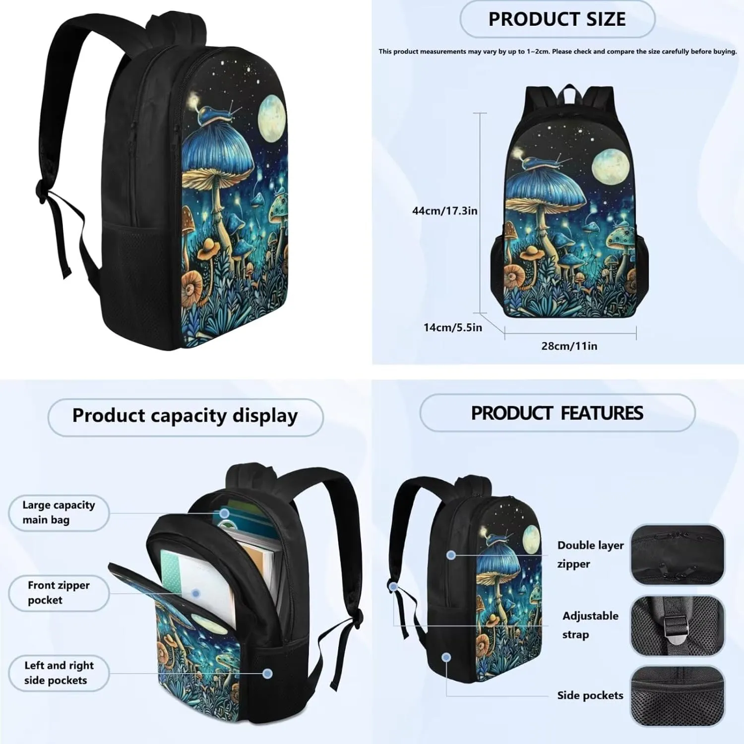 Blue Mushroom Small Backpack for Girls Moon Little Girls Backpack 3-in-1 Bookbag Set Travel Backpack Kids Insulated Lunch Box Pencil Case Comfortable and Safe