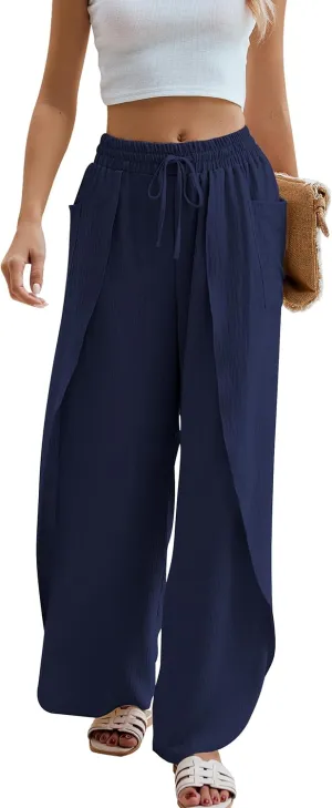 BMJL Womens Wide Leg Summer Pants Flowy Side Split Palazzo Beach Pants Boho High Waisted Trousers