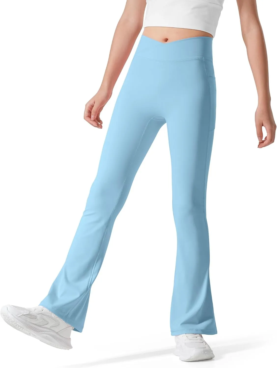BOOPH Girls Flare Leggings with Pockets Cross-Waist High Waisted Yoga Pants Bell Bottoms Athletic Pants