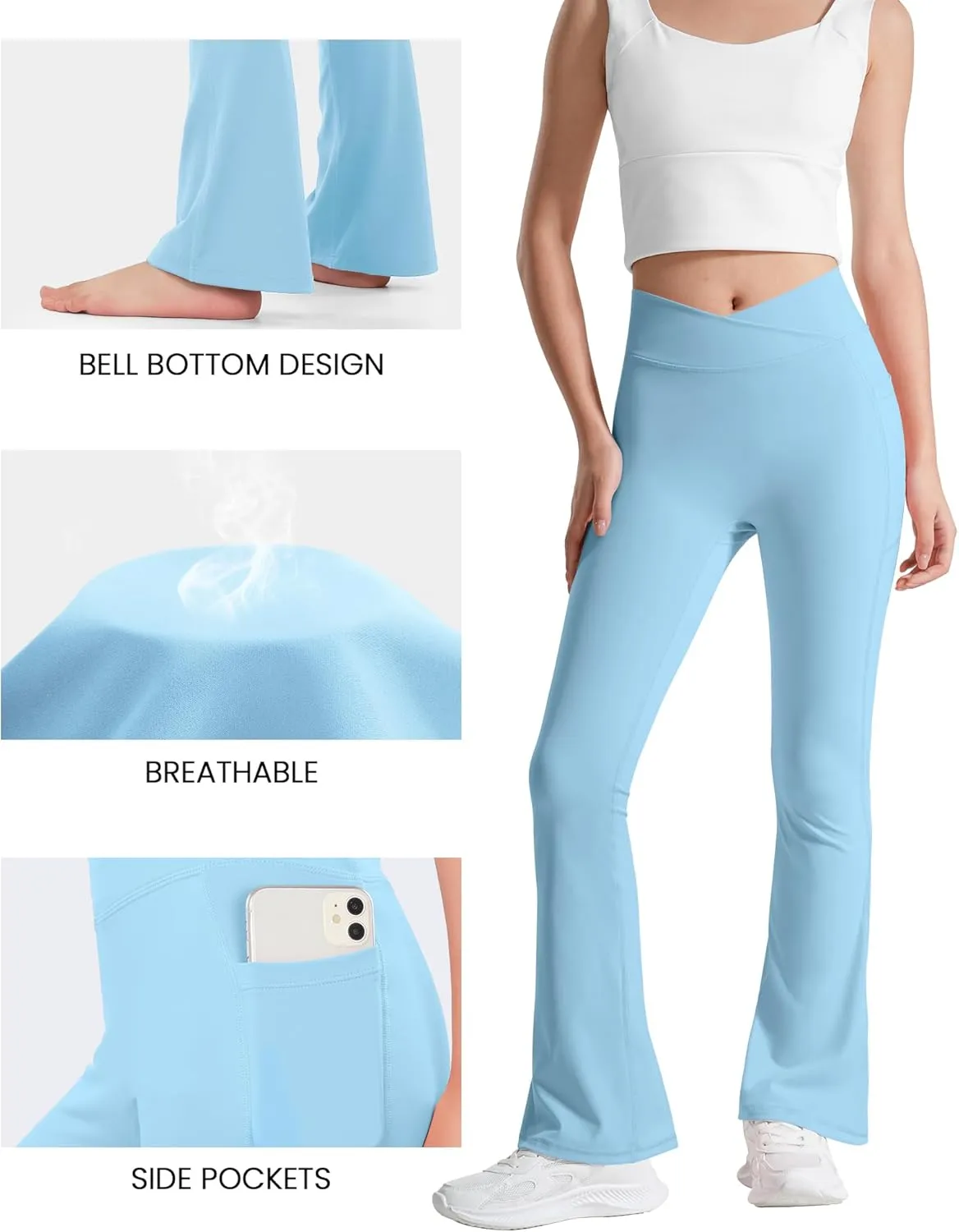 BOOPH Girls Flare Leggings with Pockets Cross-Waist High Waisted Yoga Pants Bell Bottoms Athletic Pants