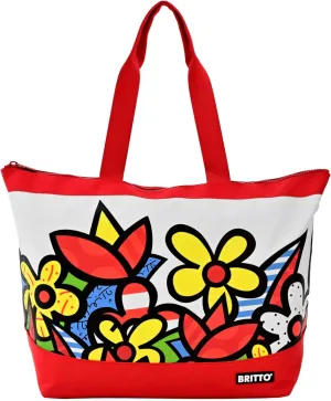 Britto Tote Bag Colorful Flowers, 100% Polyester, Water Resistant, Perfect for Laptop, Pool & Everyday Use, Interior Zipper Pocket and Top Zipper Closure, Comfortable Handle Drop
