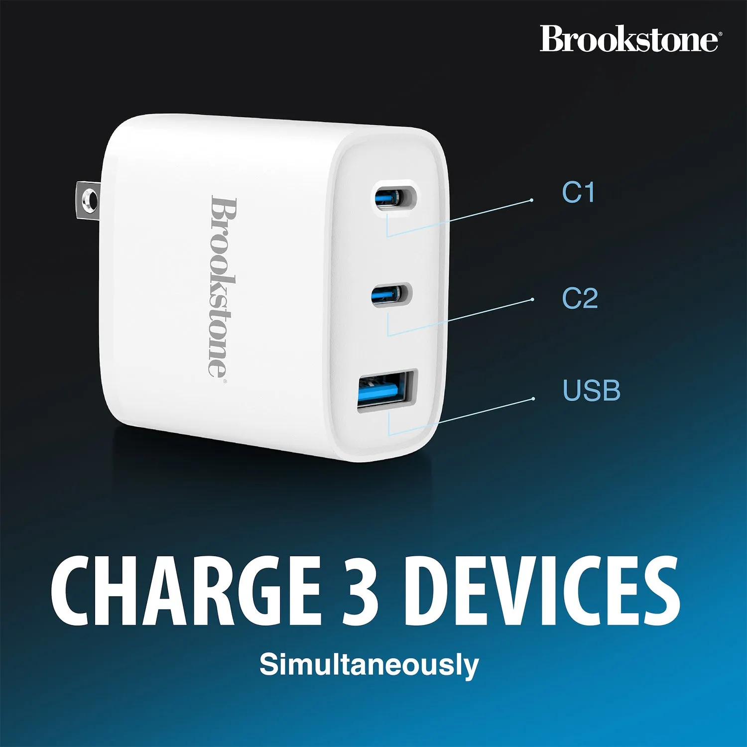Brookstone Fast Charging Adapter With 3 USB Port, 2 USB Type C And 1 USB A 40W Wall Charger For Apple and Android Phones