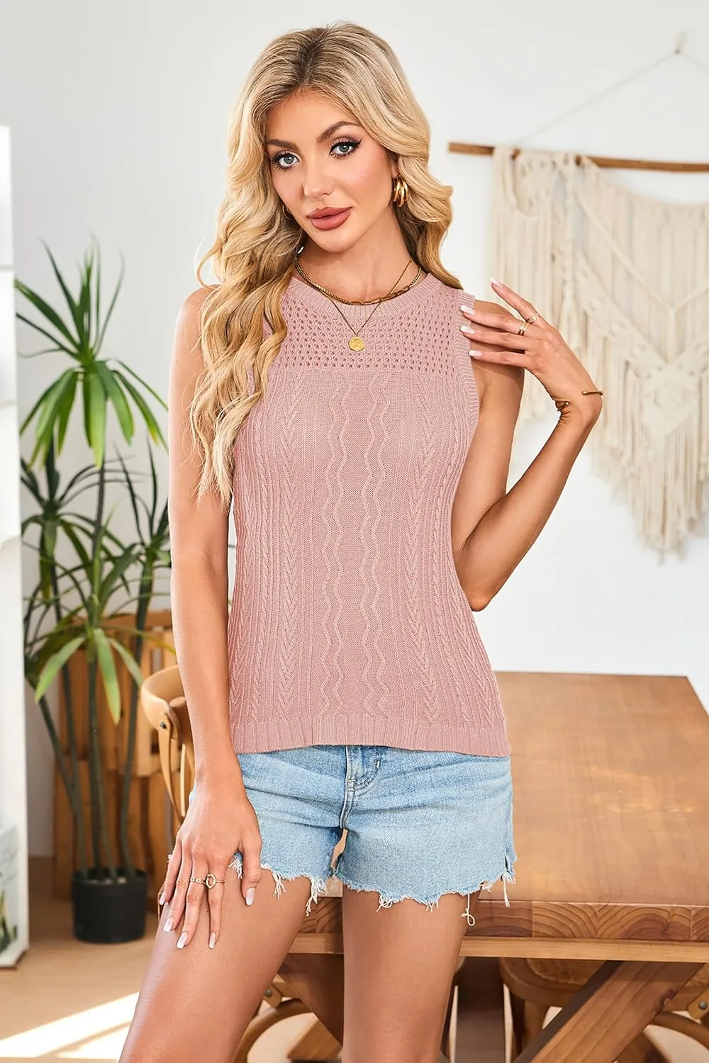 Cakulo Summer Crochet Tank Tops for Women 2025 Sleeveless Ribbed Cable Knit Crew Neck Spring Sweater Vest Top