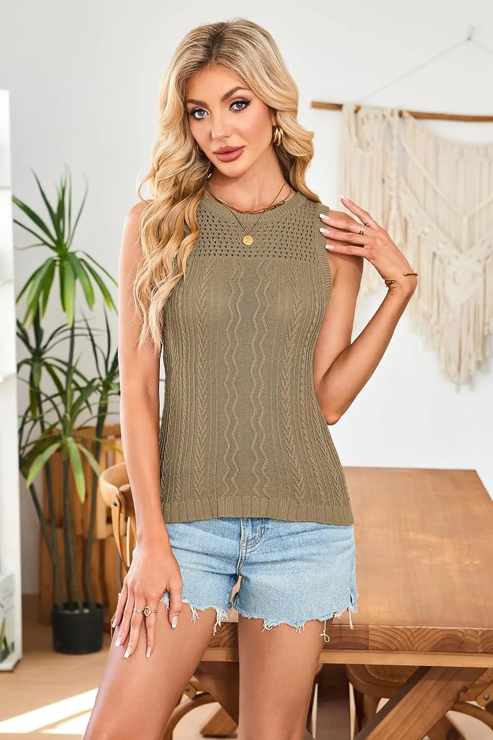 Cakulo Summer Crochet Tank Tops for Women 2025 Sleeveless Ribbed Cable Knit Crew Neck Spring Sweater Vest Top