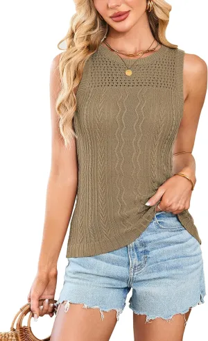 Cakulo Summer Crochet Tank Tops for Women 2025 Sleeveless Ribbed Cable Knit Crew Neck Spring Sweater Vest Top