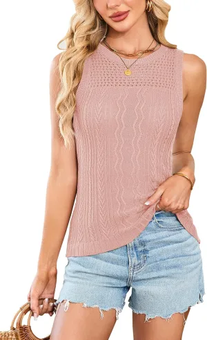 Cakulo Summer Crochet Tank Tops for Women 2025 Sleeveless Ribbed Cable Knit Crew Neck Spring Sweater Vest Top