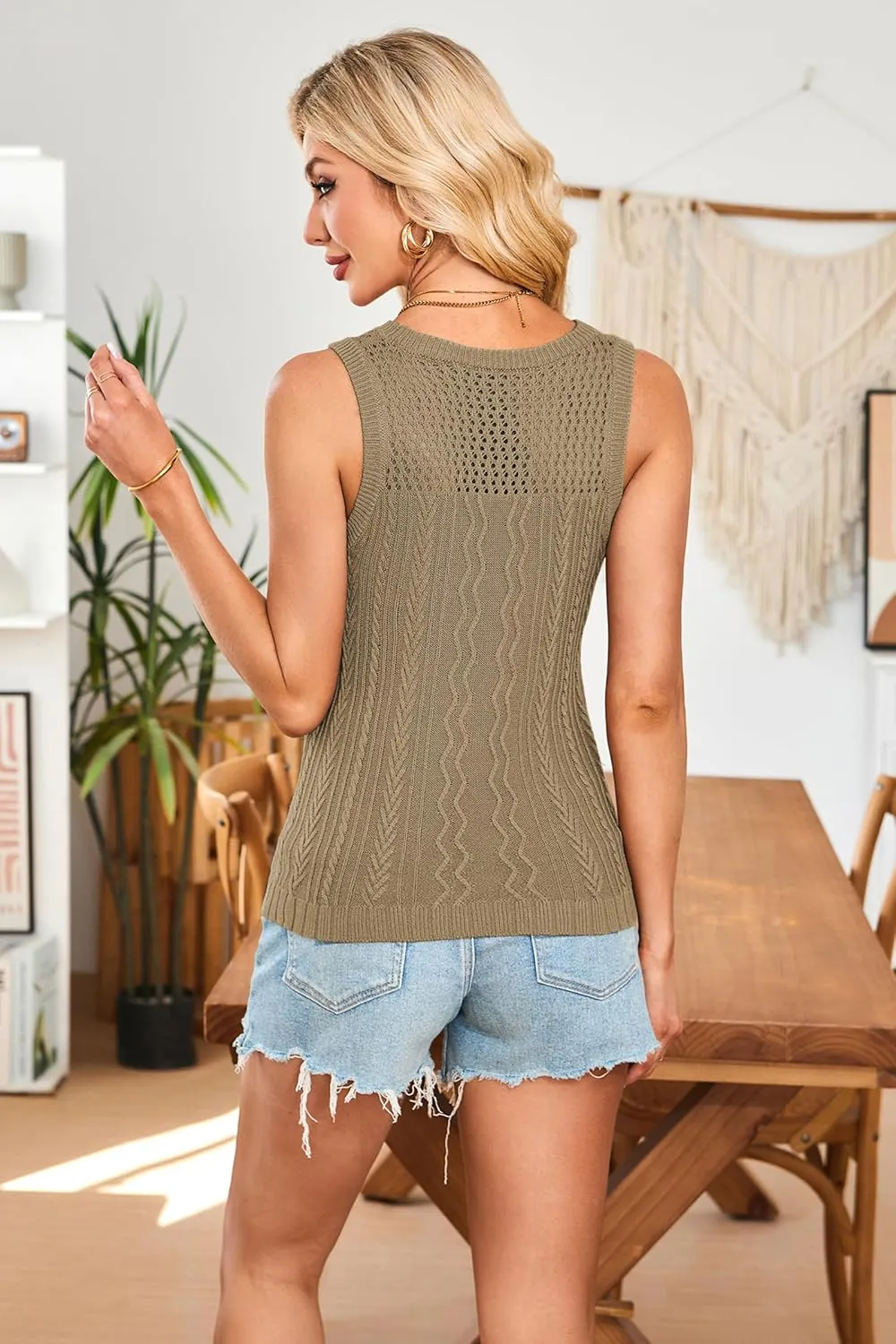 Cakulo Summer Crochet Tank Tops for Women 2025 Sleeveless Ribbed Cable Knit Crew Neck Spring Sweater Vest Top