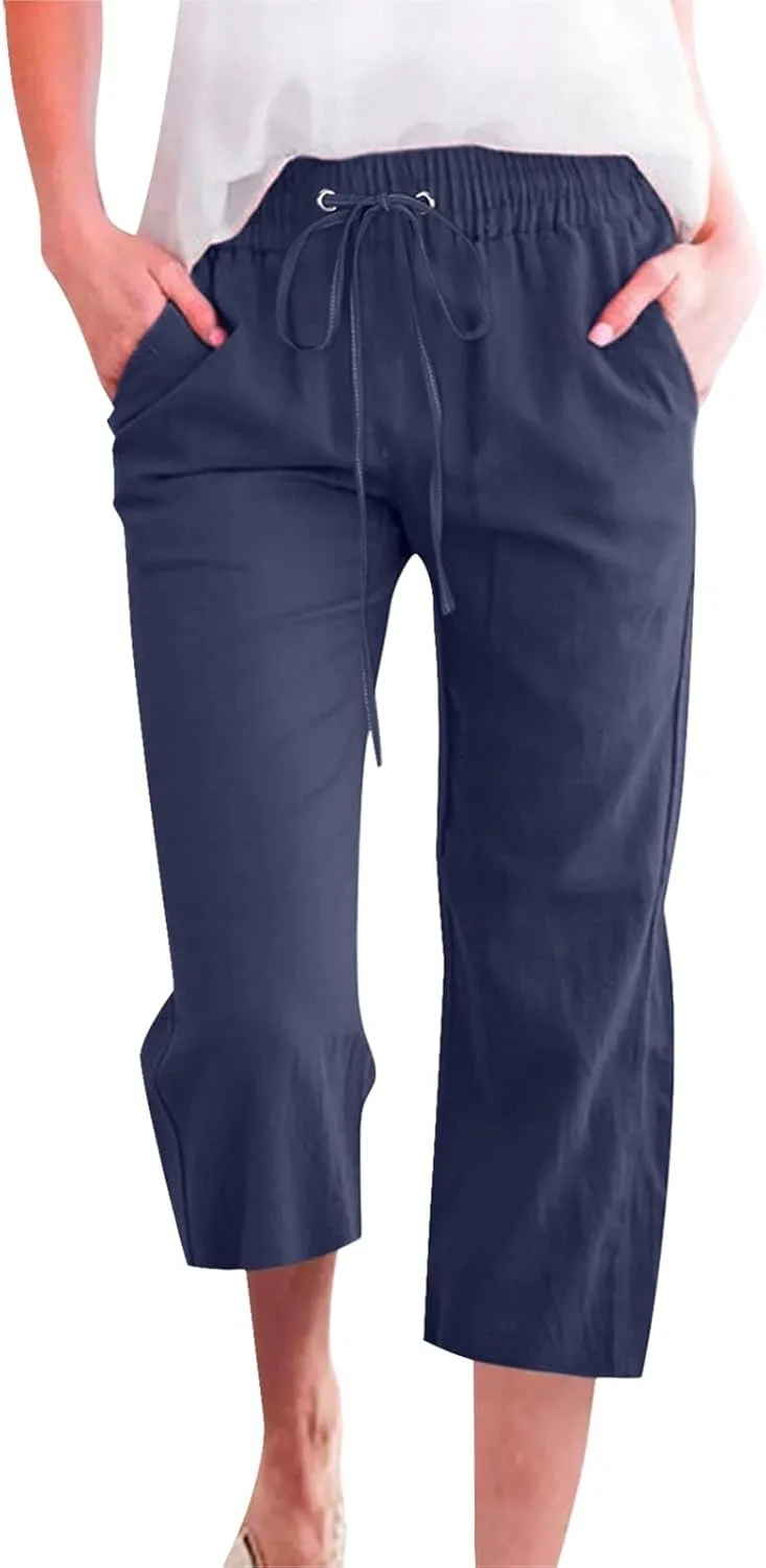 Capri Pants for Women Casual 2025 Summer Drawstring Elastic High Waist Linen Pant Straight Wide Leg Cropped Trouser