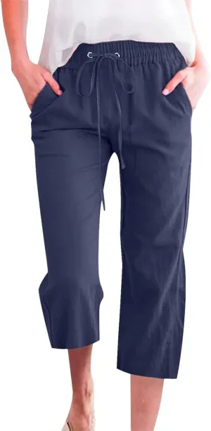 Capri Pants for Women Casual 2025 Summer Drawstring Elastic High Waist Linen Pant Straight Wide Leg Cropped Trouser