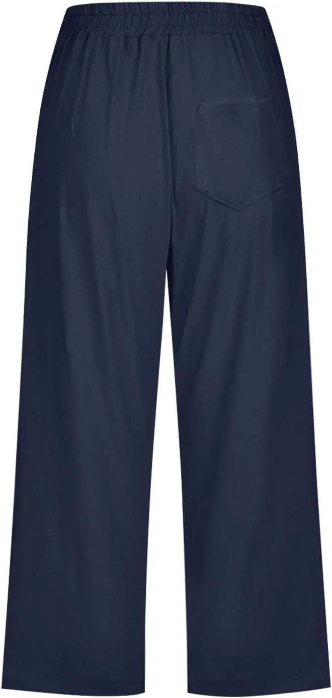 Capri Pants for Women Casual 2025 Summer Drawstring Elastic High Waist Linen Pant Straight Wide Leg Cropped Trouser
