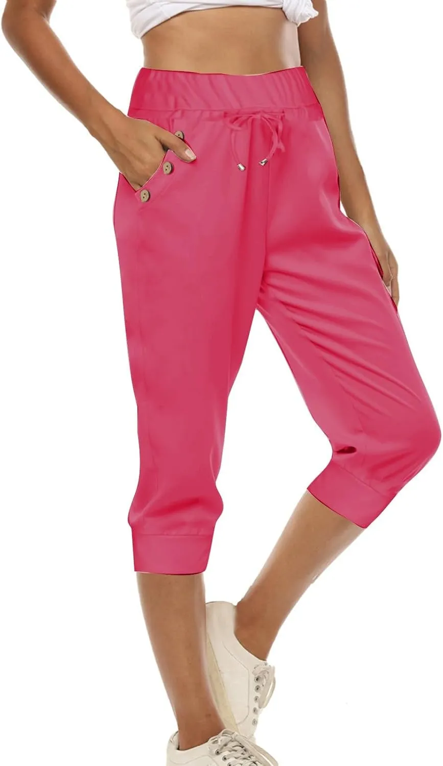 Capri Pants for Women High Waisted Drawstring Trousers Stretch Lightweight Hiking Pant Capri Joggers with Pockets