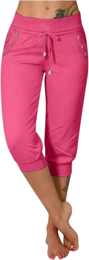 Capri Pants for Women High Waisted Drawstring Trousers Stretch Lightweight Hiking Pant Capri Joggers with Pockets