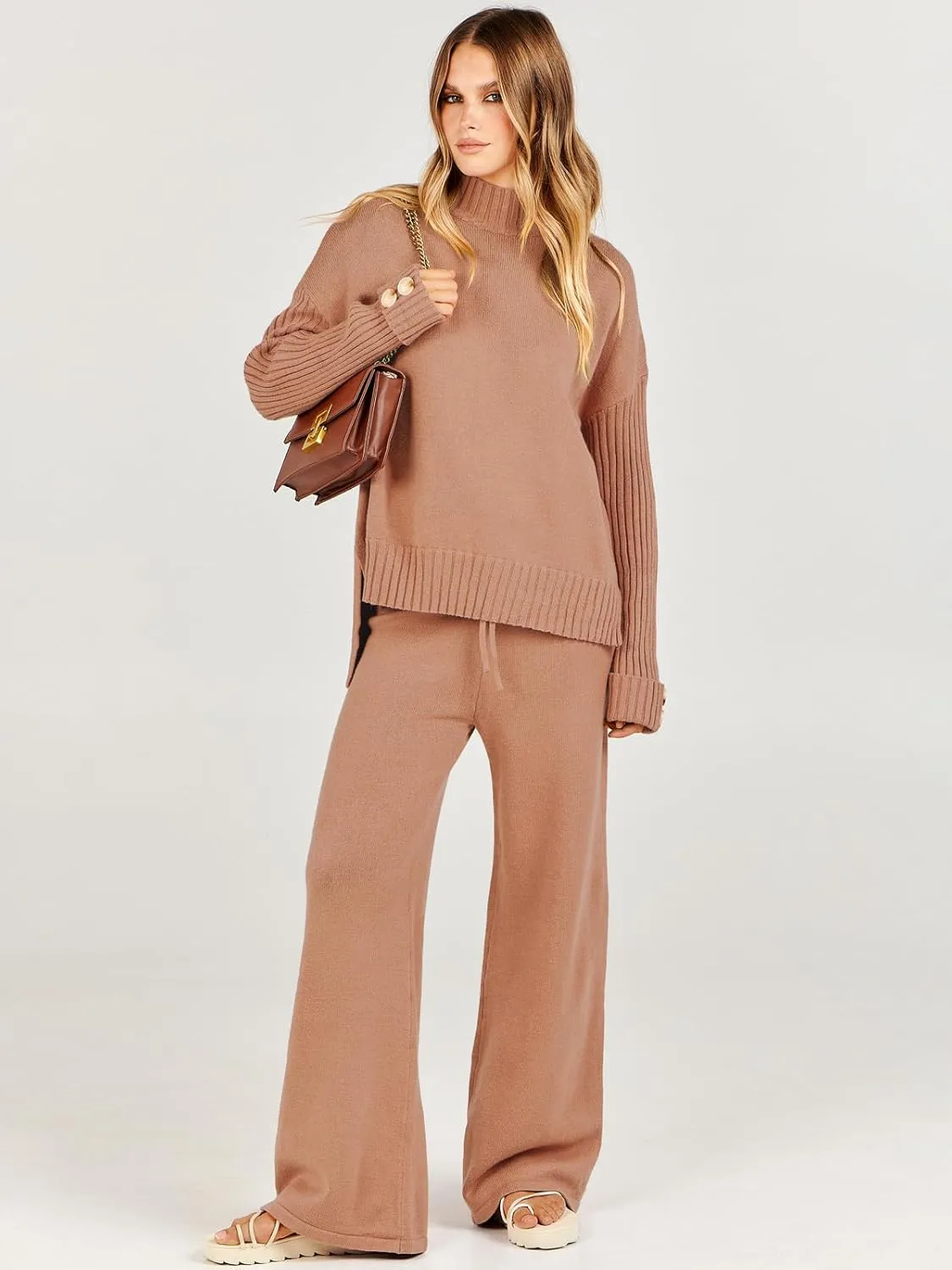 Caracilia Womens 2 Piece Sweater Set Knit Pullover Wide Leg Pants Lounge Matching Sets 2024 Fall Fashion Travel Outfits