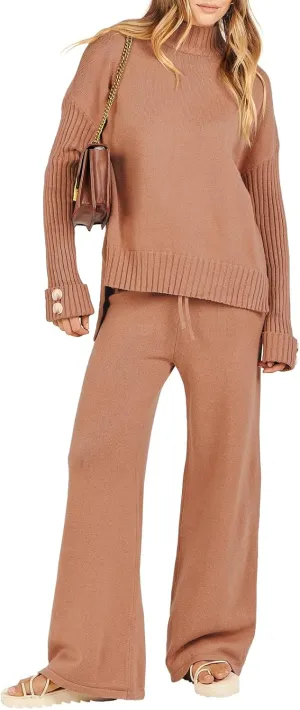 Caracilia Womens 2 Piece Sweater Set Knit Pullover Wide Leg Pants Lounge Matching Sets 2024 Fall Fashion Travel Outfits