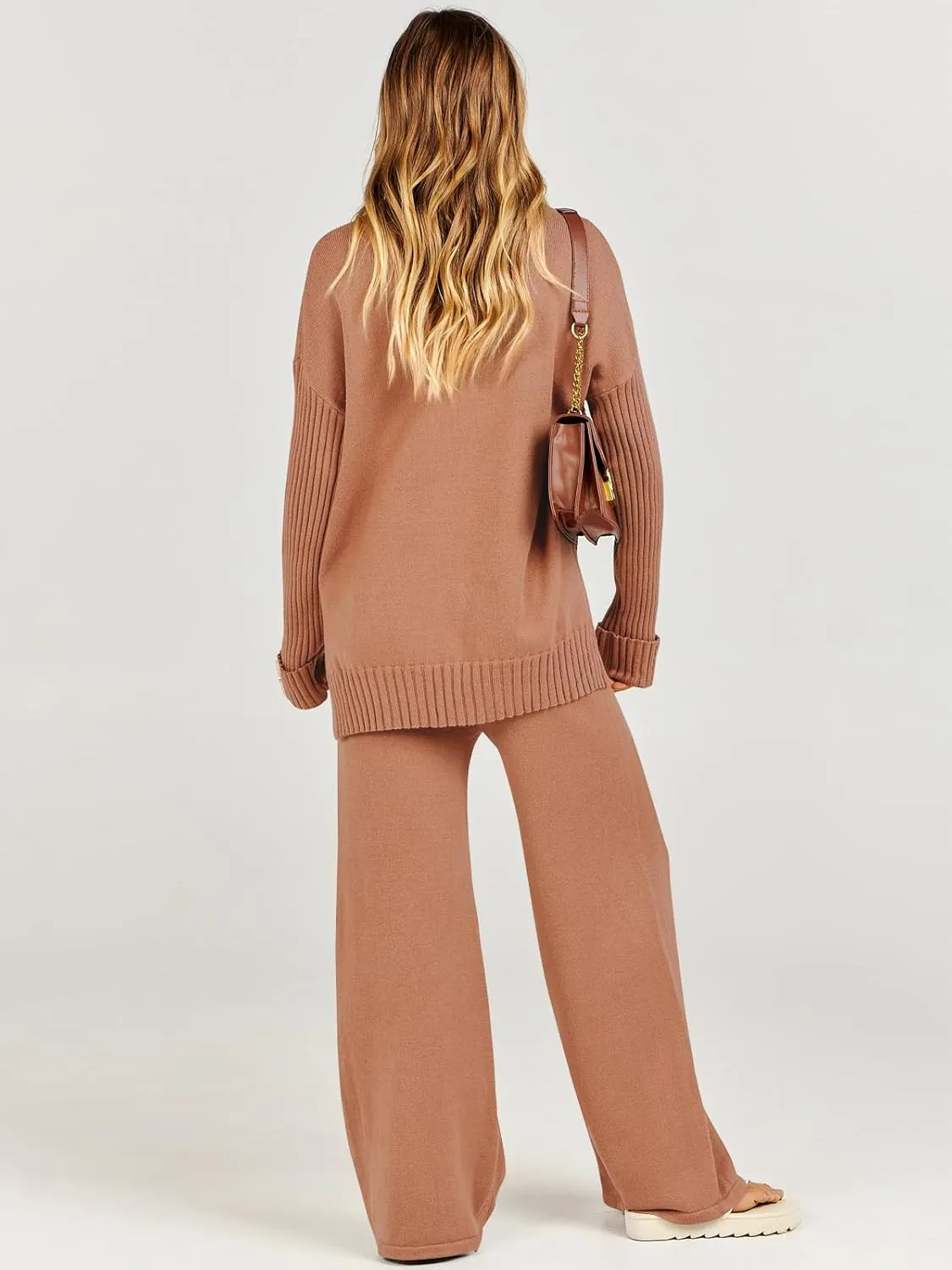 Caracilia Womens 2 Piece Sweater Set Knit Pullover Wide Leg Pants Lounge Matching Sets 2024 Fall Fashion Travel Outfits