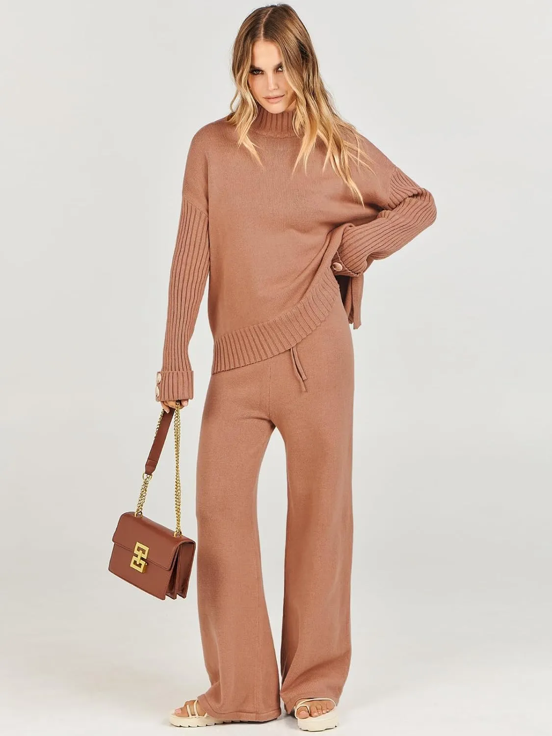 Caracilia Womens 2 Piece Sweater Set Knit Pullover Wide Leg Pants Lounge Matching Sets 2024 Fall Fashion Travel Outfits