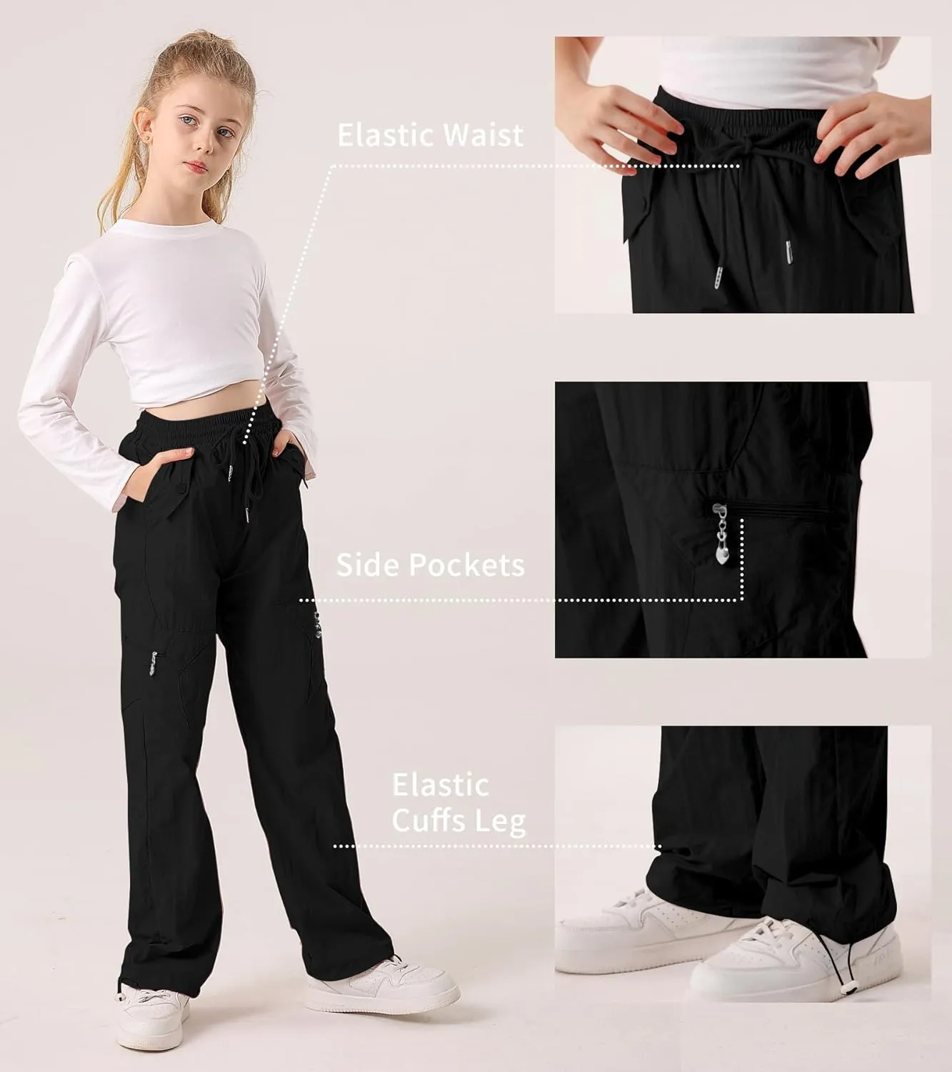 Cargo Pants for Girls Parachute Baggy Joggers Elastic Waist Wide Leg Hip Hop Dance Outfits Size 7-14