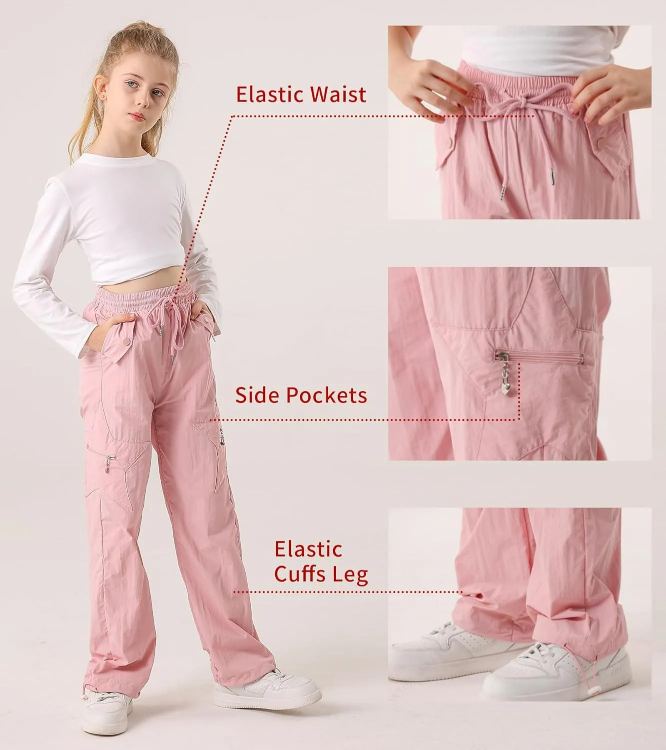 Cargo Pants for Girls Parachute Baggy Joggers Elastic Waist Wide Leg Hip Hop Dance Outfits Size 7-14
