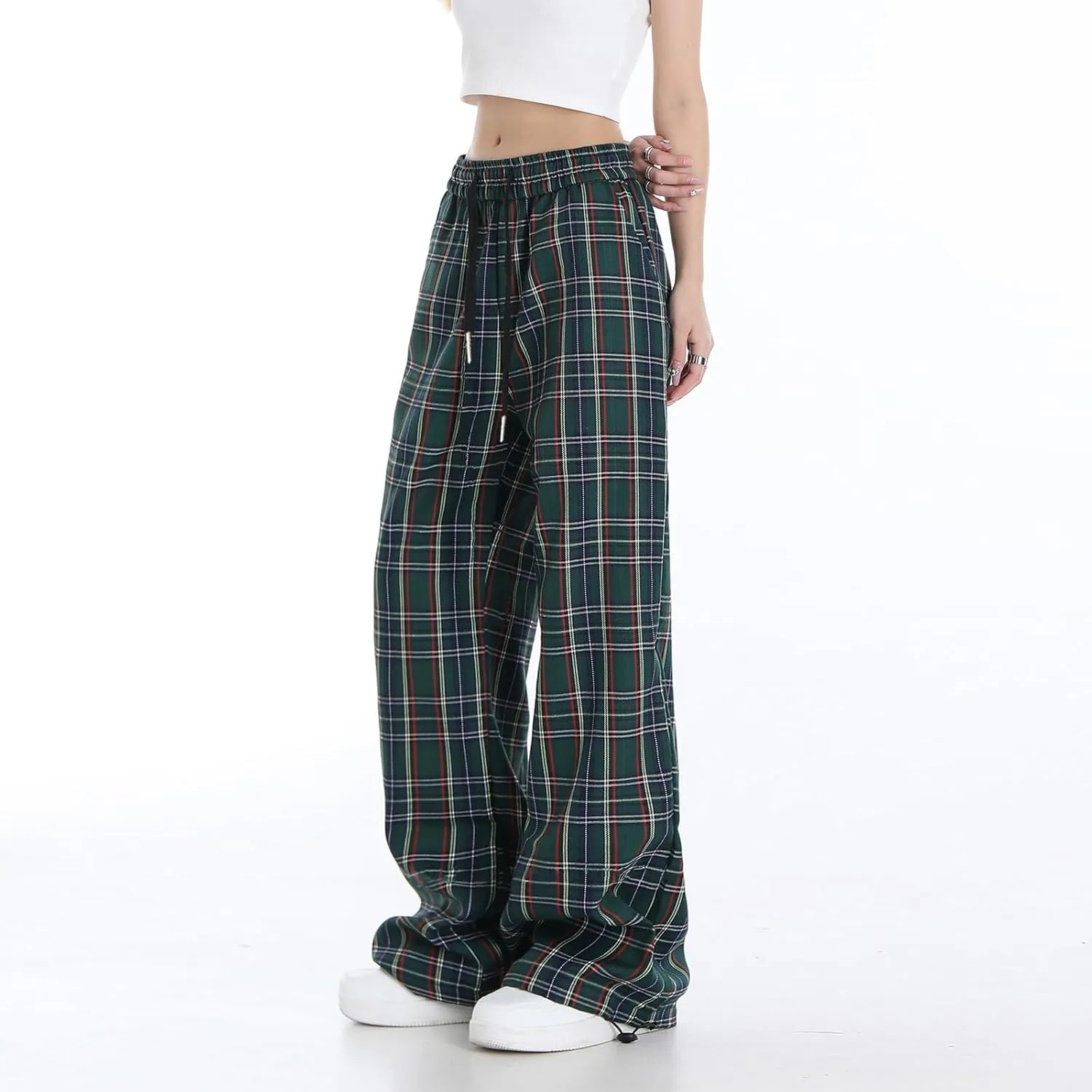Cargo Pants for Women High Waisted Y2k Pink Plaid Wide Leg Pants with Pockets Baggy Teen Girls Adjustable Drawstring