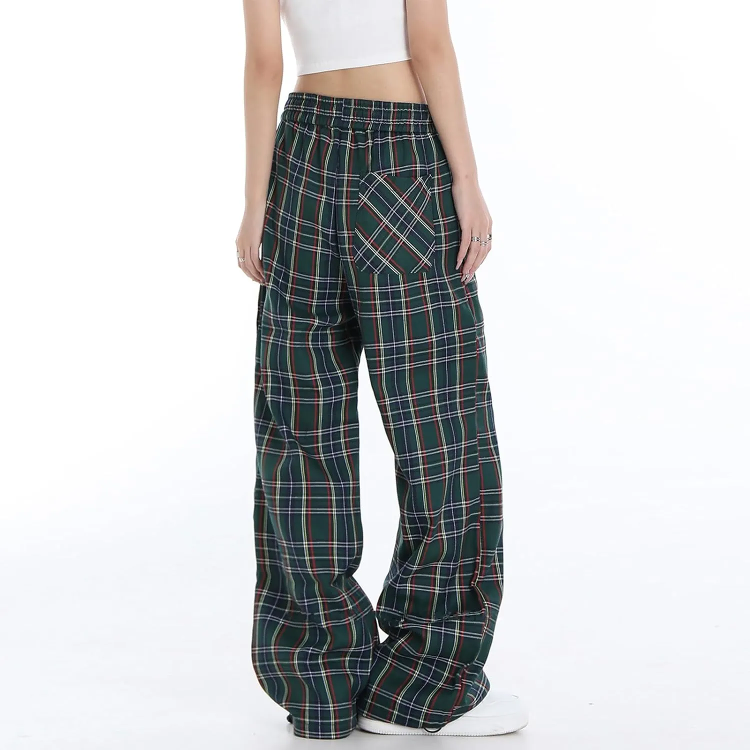Cargo Pants for Women High Waisted Y2k Pink Plaid Wide Leg Pants with Pockets Baggy Teen Girls Adjustable Drawstring