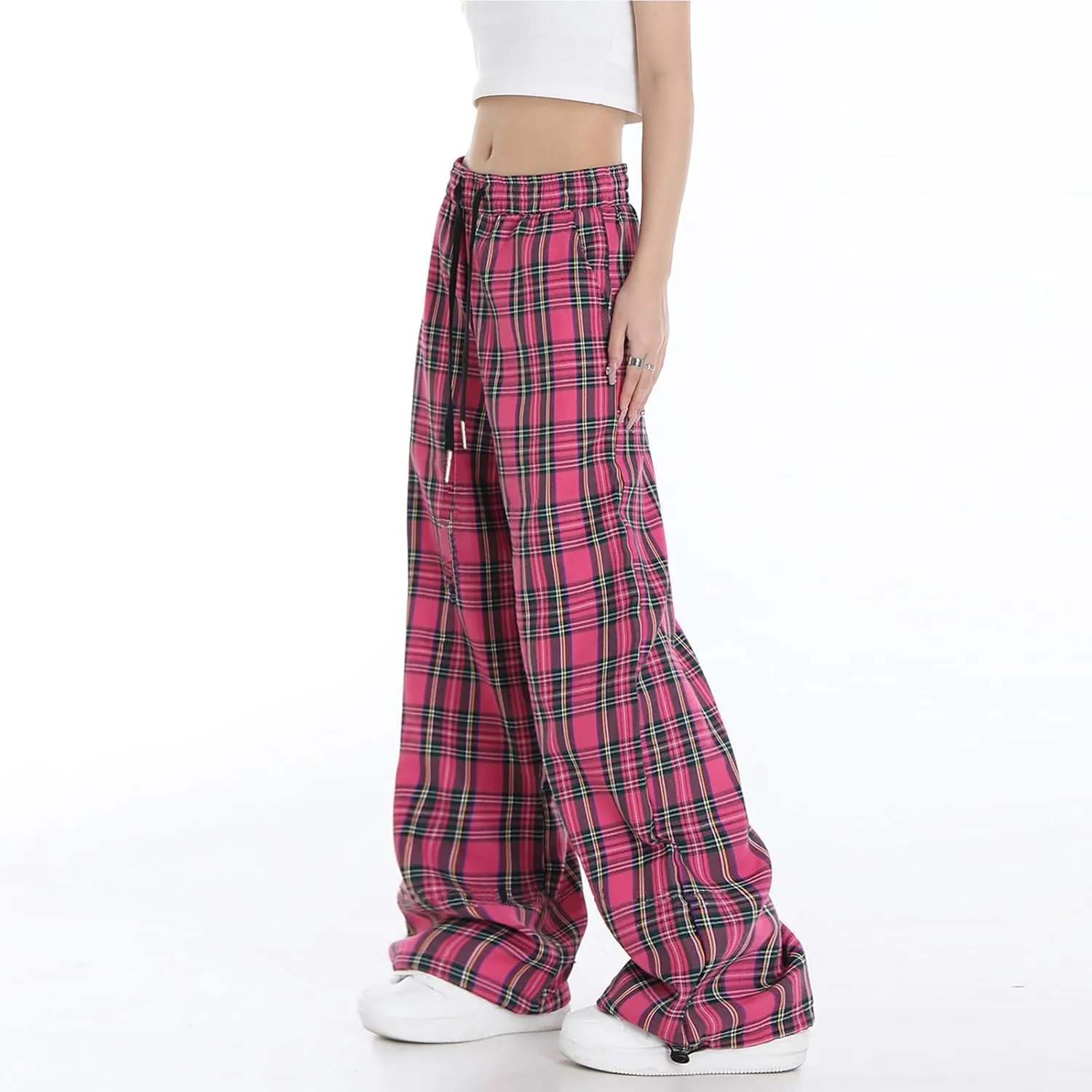 Cargo Pants for Women High Waisted Y2k Pink Plaid Wide Leg Pants with Pockets Baggy Teen Girls Adjustable Drawstring