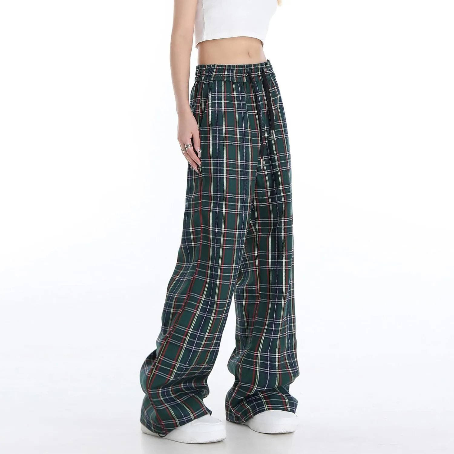 Cargo Pants for Women High Waisted Y2k Pink Plaid Wide Leg Pants with Pockets Baggy Teen Girls Adjustable Drawstring