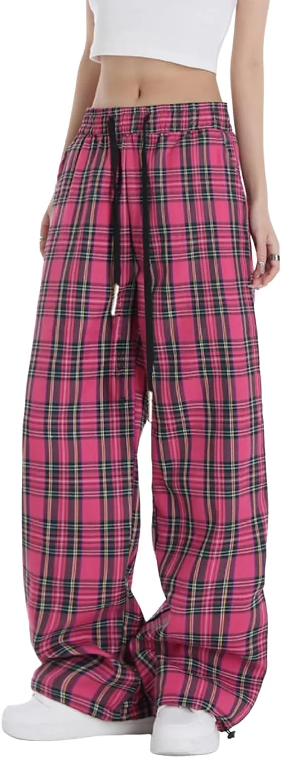 Cargo Pants for Women High Waisted Y2k Pink Plaid Wide Leg Pants with Pockets Baggy Teen Girls Adjustable Drawstring