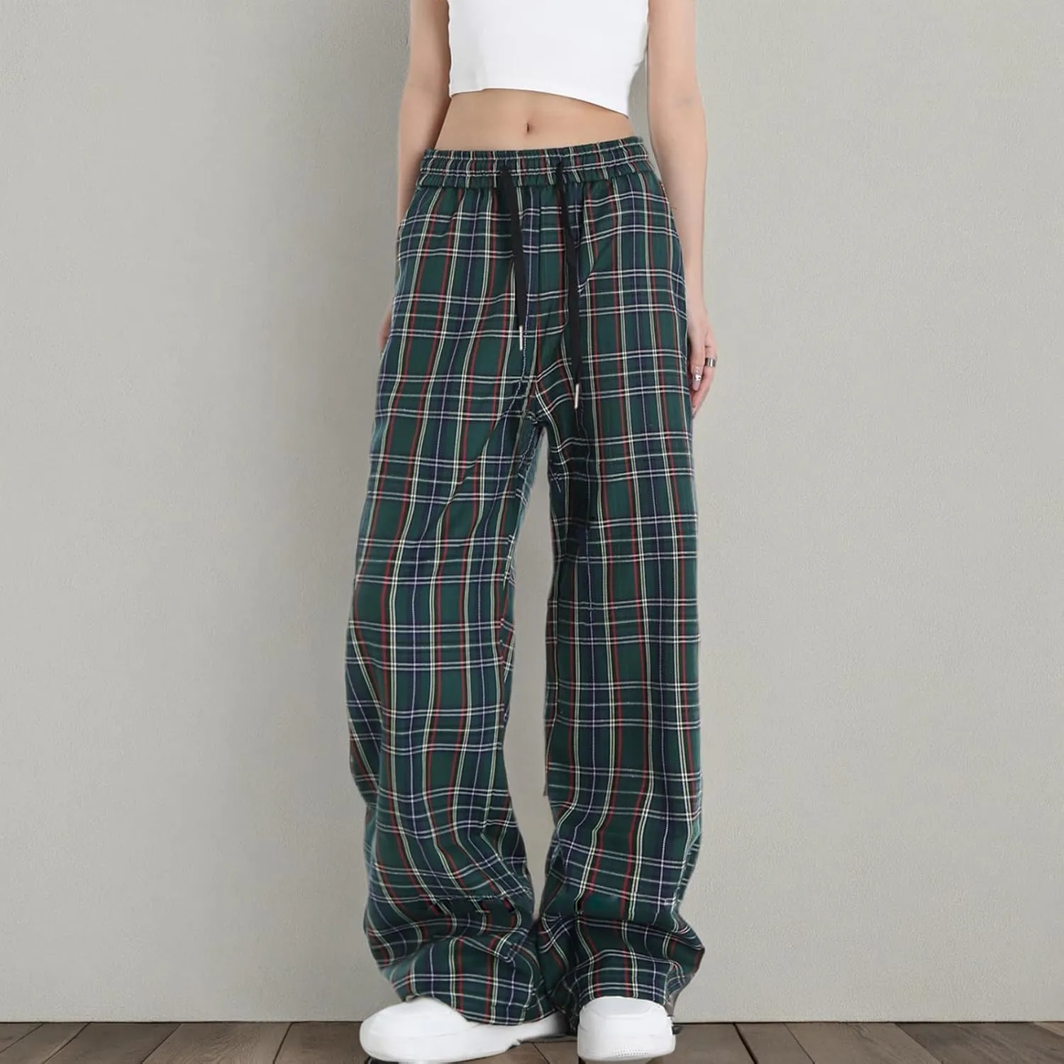 Cargo Pants for Women High Waisted Y2k Pink Plaid Wide Leg Pants with Pockets Baggy Teen Girls Adjustable Drawstring