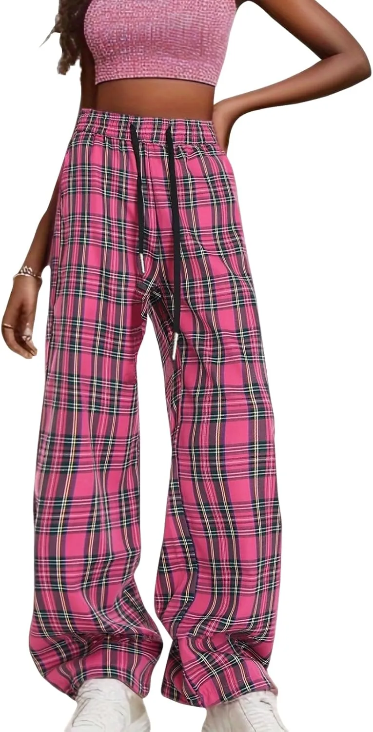 Cargo Pants for Women High Waisted Y2k Pink Plaid Wide Leg Pants with Pockets Baggy Teen Girls Adjustable Drawstring