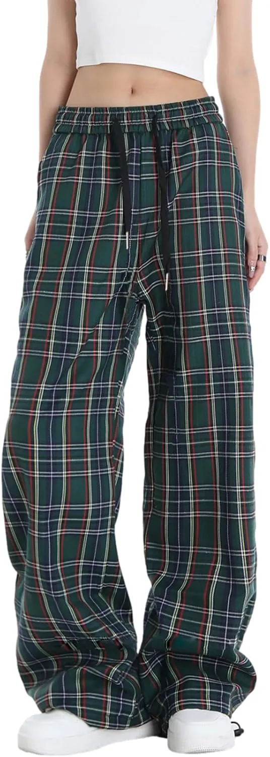 Cargo Pants for Women High Waisted Y2k Pink Plaid Wide Leg Pants with Pockets Baggy Teen Girls Adjustable Drawstring