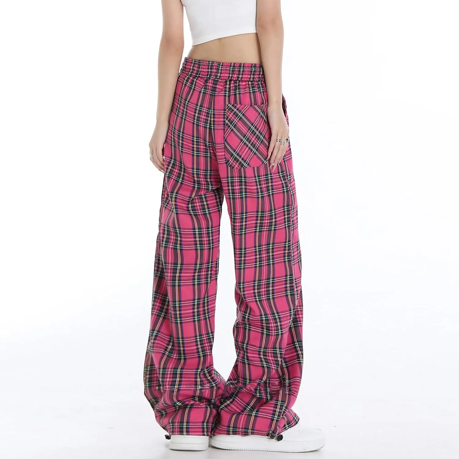 Cargo Pants for Women High Waisted Y2k Pink Plaid Wide Leg Pants with Pockets Baggy Teen Girls Adjustable Drawstring