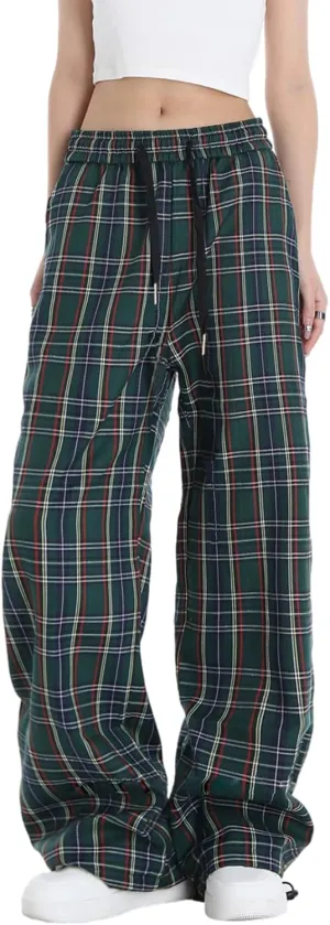Cargo Pants for Women High Waisted Y2k Pink Plaid Wide Leg Pants with Pockets Baggy Teen Girls Adjustable Drawstring