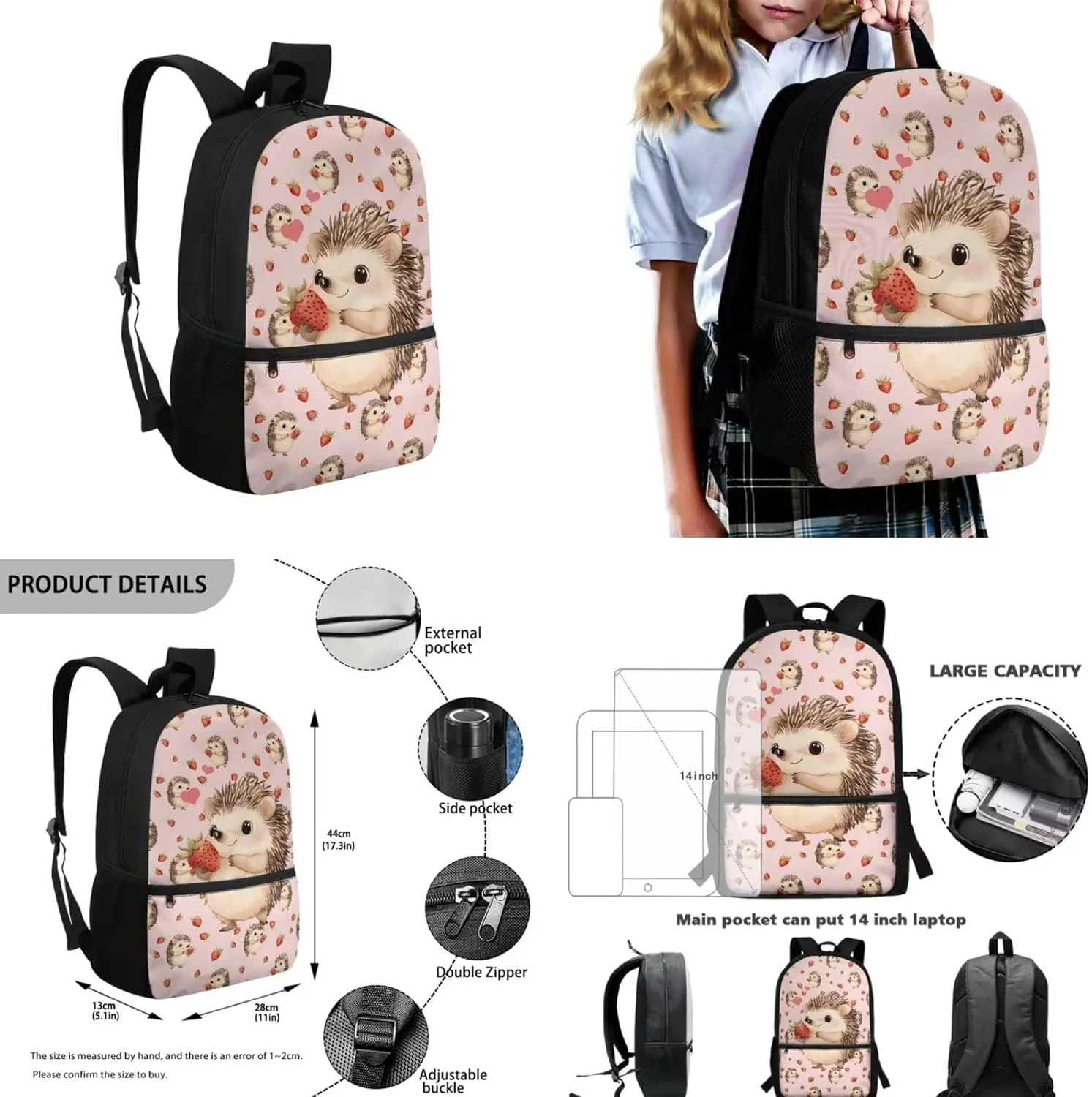 Cartoon Hedgehog Backpack and Lunch Bag Set for Girls Large Capacity Elementary Kindergarten Backpack with Comfortable Adjustable Straps Suits for Children Teens School Daily Use
