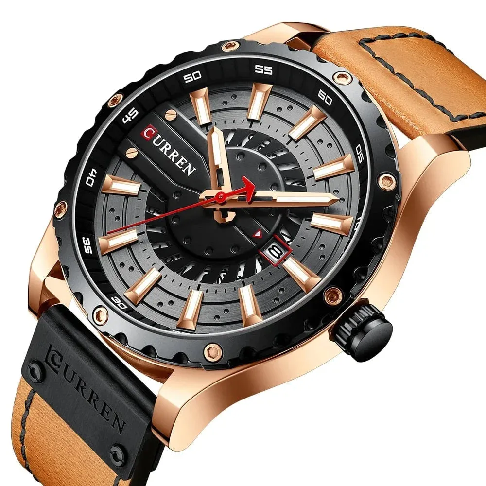 Casual Leather Quartz Wristwatches with Date and Luminous Hands