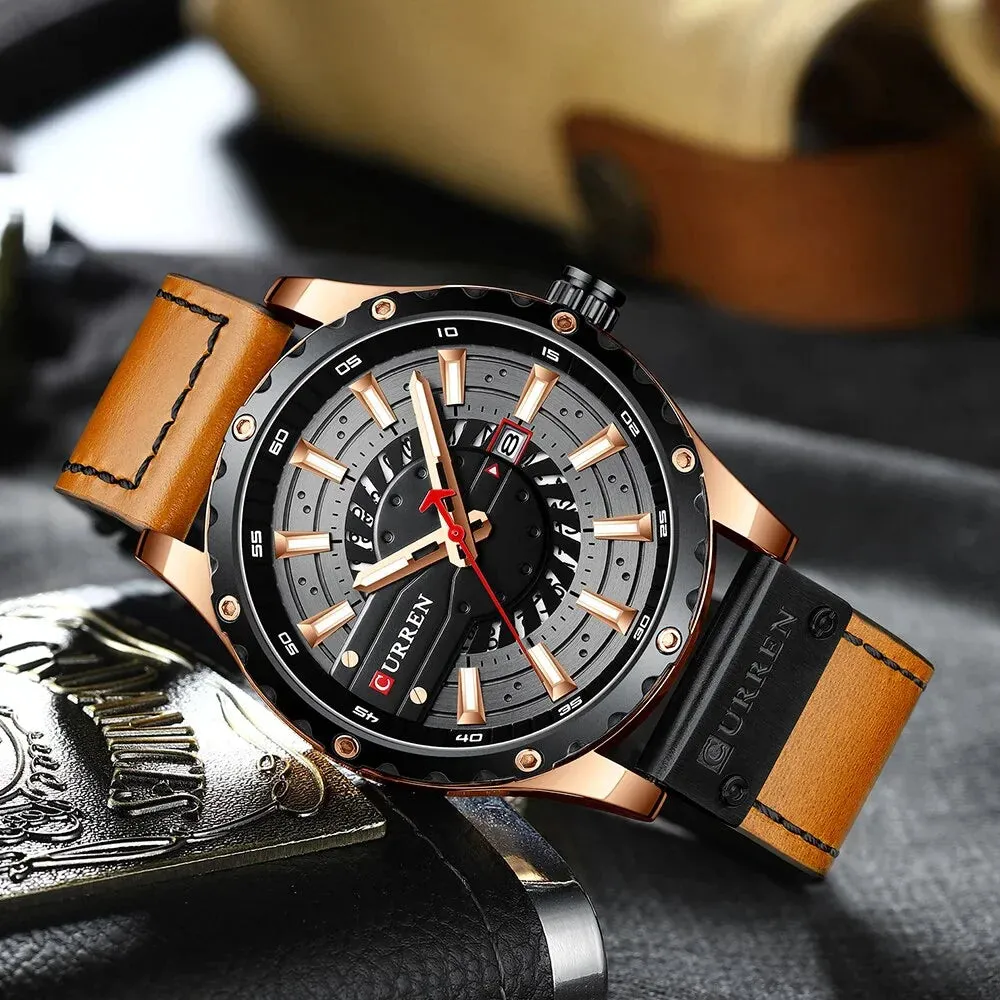 Casual Leather Quartz Wristwatches with Date and Luminous Hands