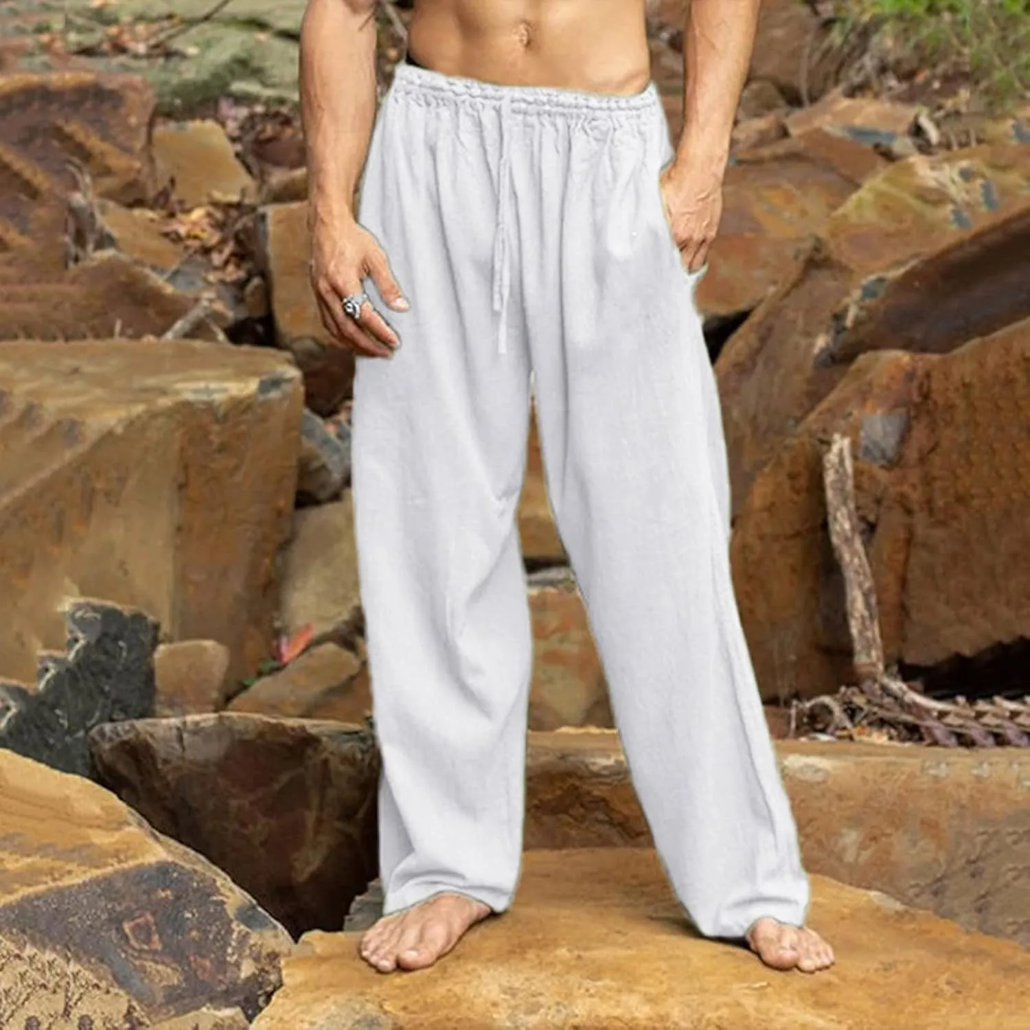 Casual Pants Men Summer Trouser Pants Casual Loose Joggers Lightweight Straight Stretch Sports Pants with Pockets