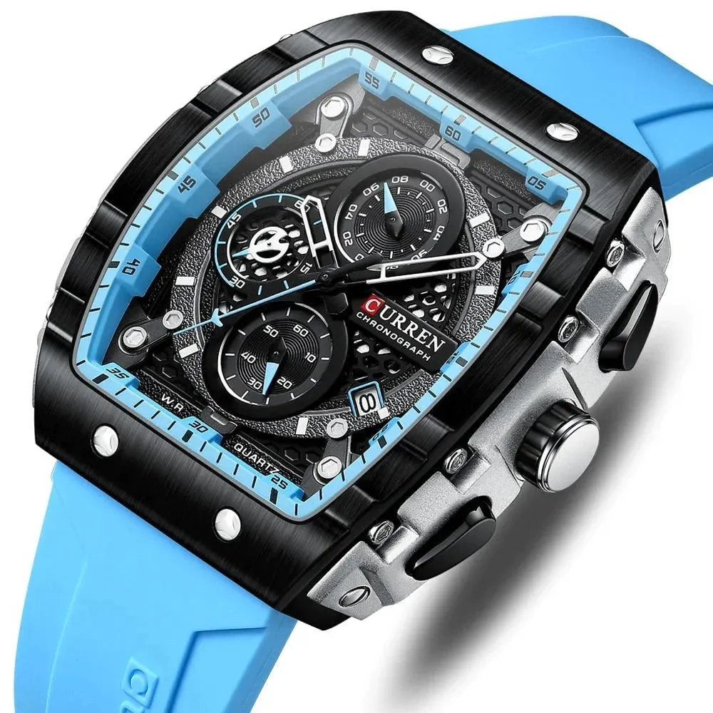 Casual Rectangular Silicone Straps Chronograph Quartz Wristwatches with Auto Date
