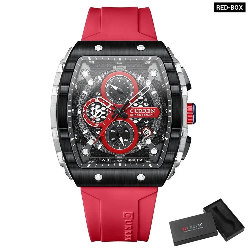 Casual Rectangular Silicone Straps Chronograph Quartz Wristwatches with Auto Date