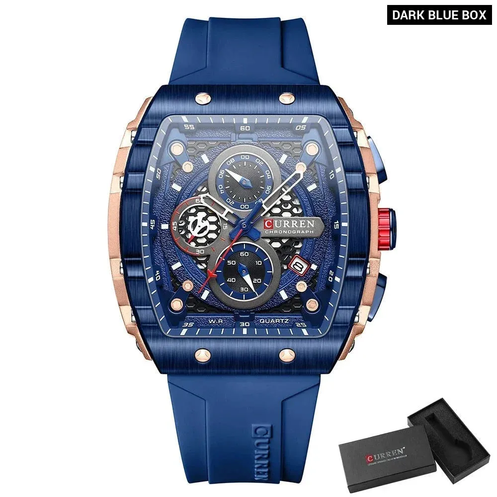 Casual Rectangular Silicone Straps Chronograph Quartz Wristwatches with Auto Date