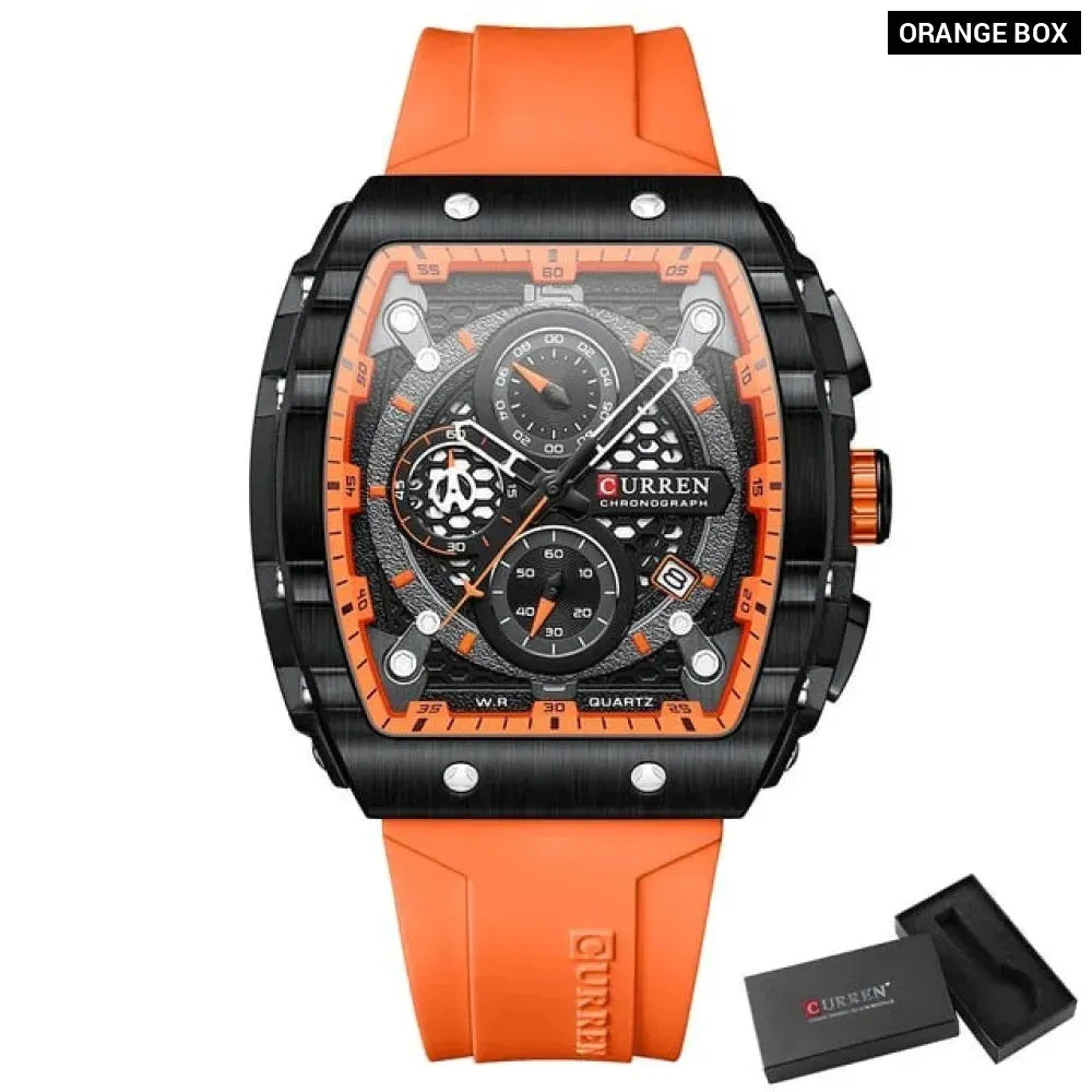 Casual Rectangular Silicone Straps Chronograph Quartz Wristwatches with Auto Date