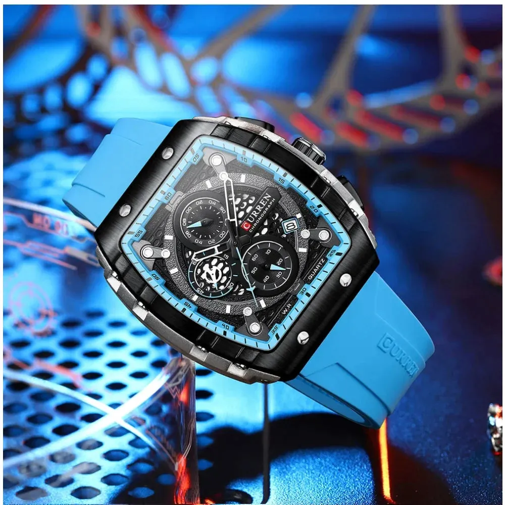 Casual Rectangular Silicone Straps Chronograph Quartz Wristwatches with Auto Date