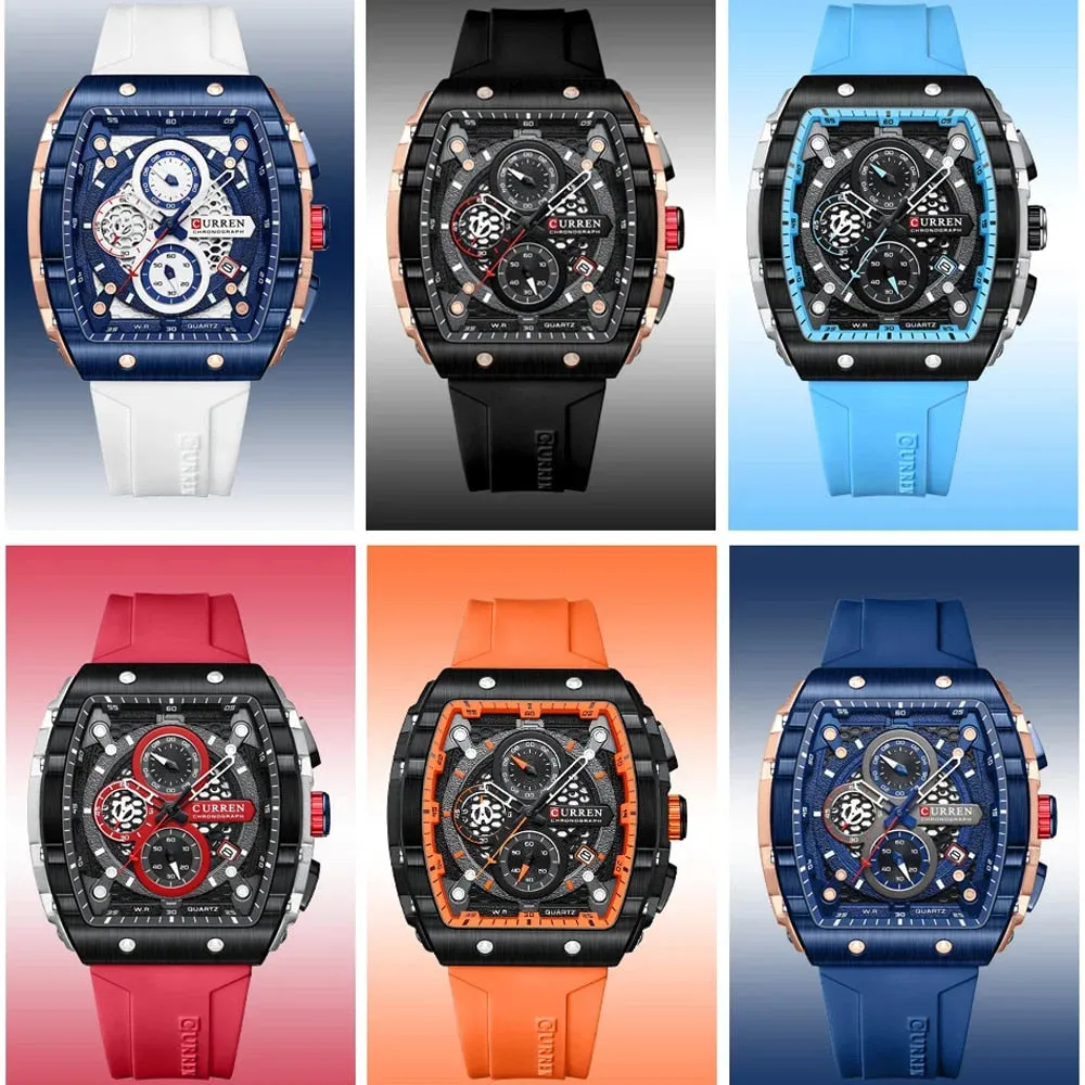 Casual Rectangular Silicone Straps Chronograph Quartz Wristwatches with Auto Date