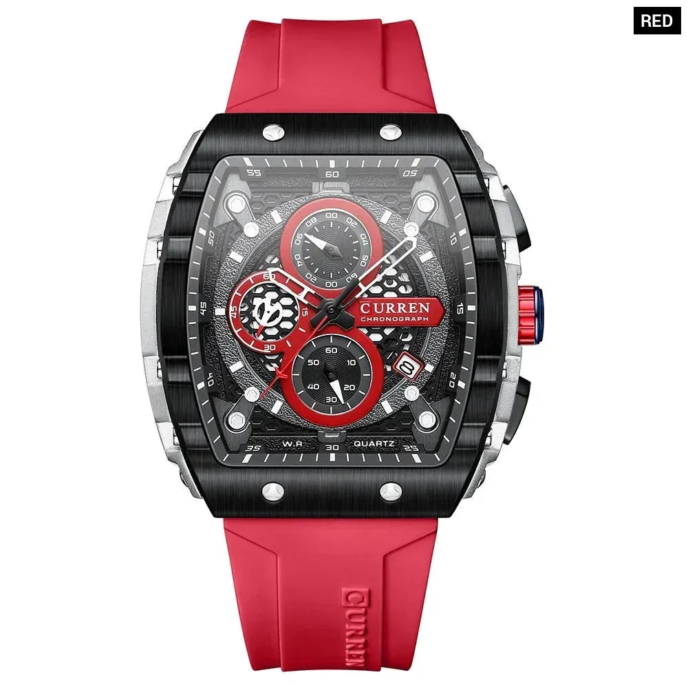 Casual Rectangular Silicone Straps Chronograph Quartz Wristwatches with Auto Date