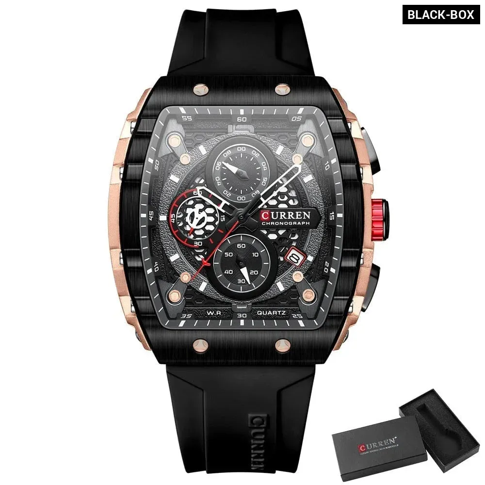 Casual Rectangular Silicone Straps Chronograph Quartz Wristwatches with Auto Date